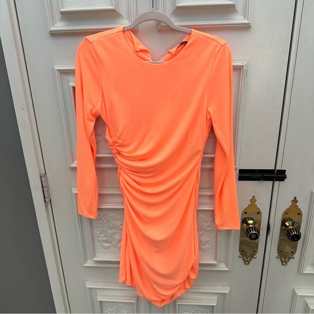 Zara Neon Orange Draped Dress - Size LARGE - Picture 3 of 8